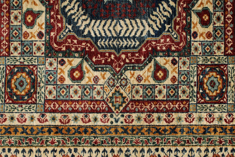 6x8 Ivory and Multicolor Turkish Tribal Rug