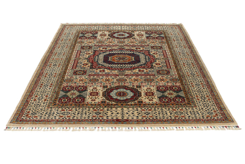 6x8 Ivory and Multicolor Turkish Tribal Rug