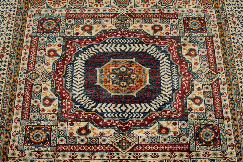 6x8 Ivory and Multicolor Turkish Tribal Rug