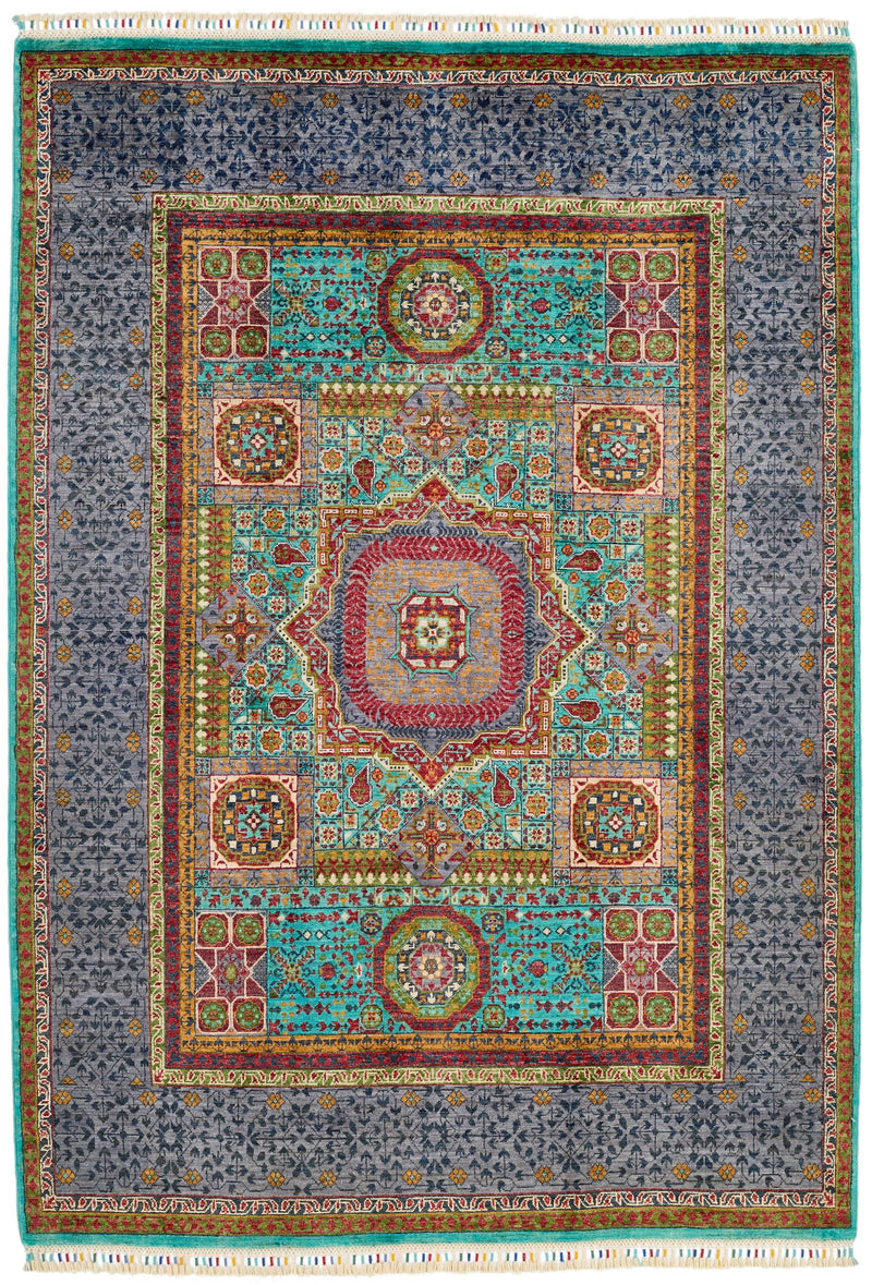 5x7 Turquoıse and Gray Turkish Tribal Rug