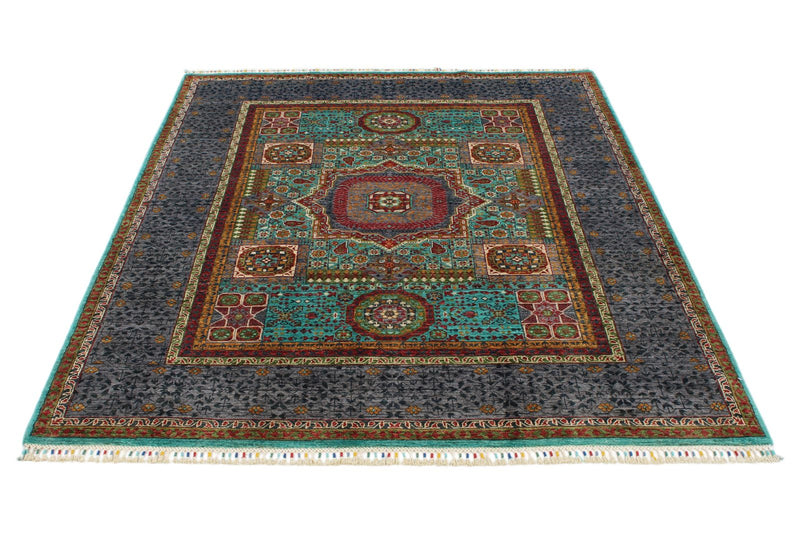 5x7 Turquoıse and Gray Turkish Tribal Rug