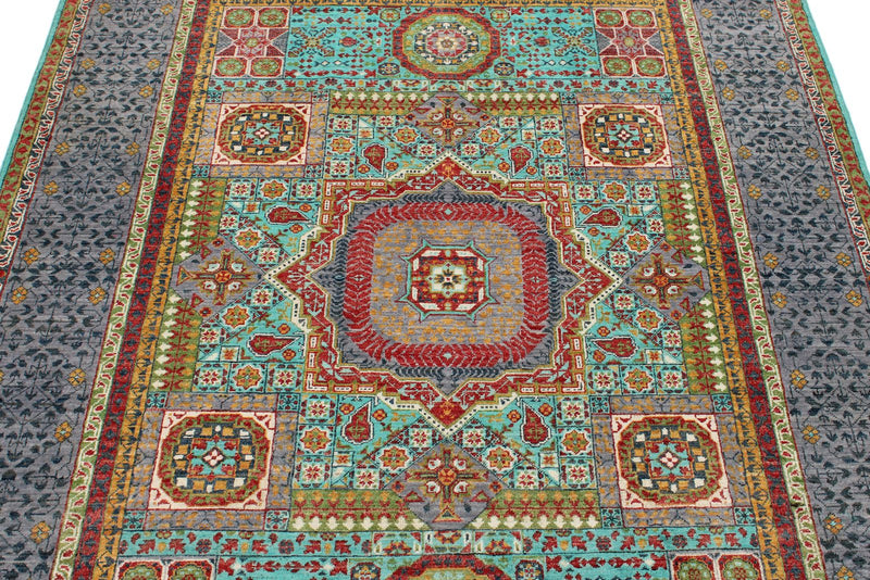 5x7 Turquoıse and Gray Turkish Tribal Rug