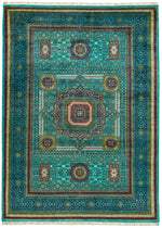 7x10 Turquoise and Multicolor Turkish Tribal Rug