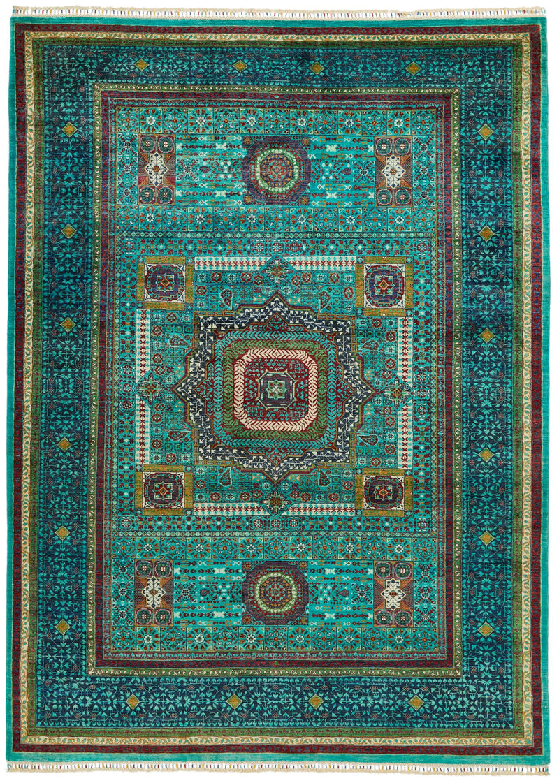 7x10 Turquoise and Multicolor Turkish Tribal Rug