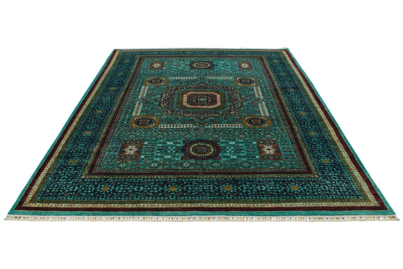 7x10 Turquoise and Multicolor Turkish Tribal Rug