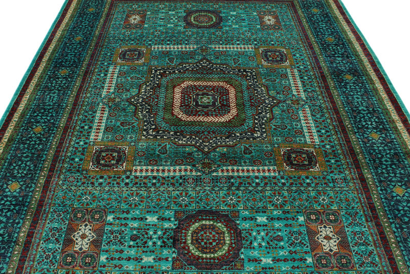 7x10 Turquoise and Multicolor Turkish Tribal Rug