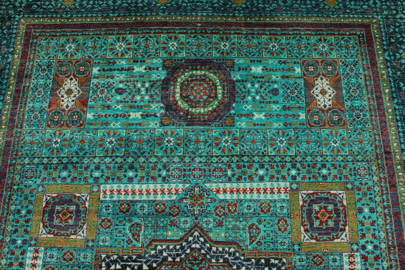 7x10 Turquoise and Multicolor Turkish Tribal Rug