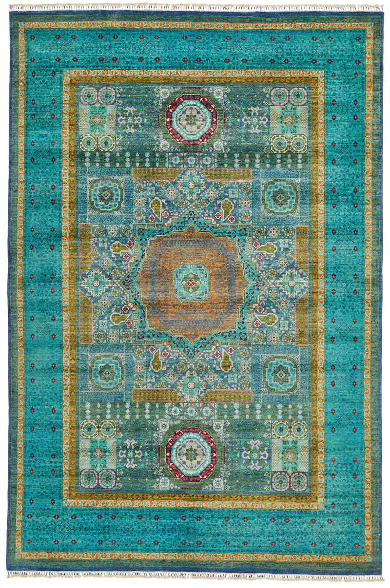 7x10 Green and Turquoise Turkish Tribal Rug