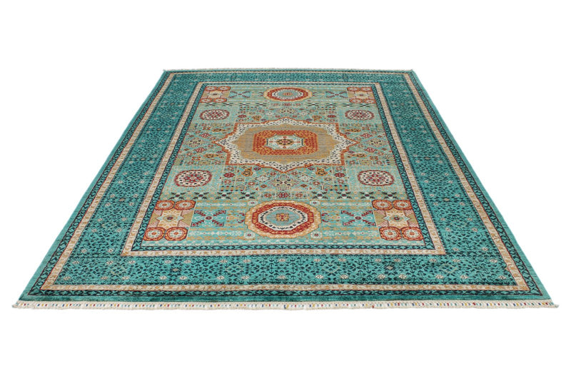 7x10 Green and Turquoise Turkish Tribal Rug