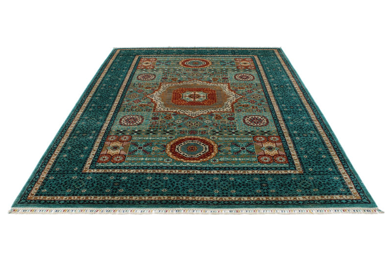 7x10 Green and Turquoise Turkish Tribal Rug