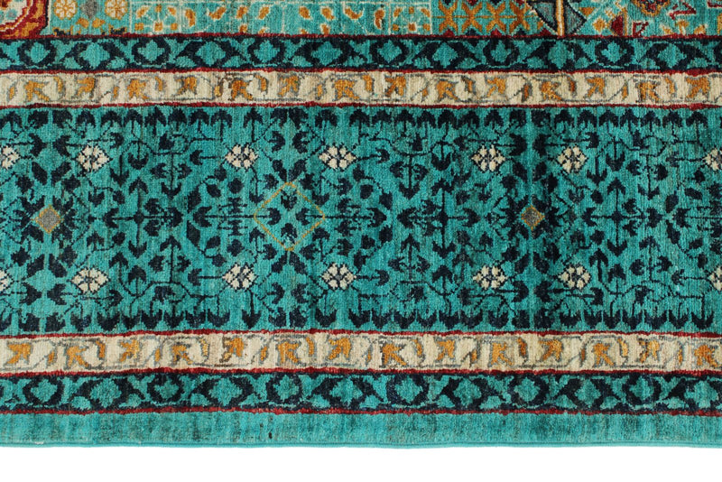 7x10 Green and Turquoise Turkish Tribal Rug