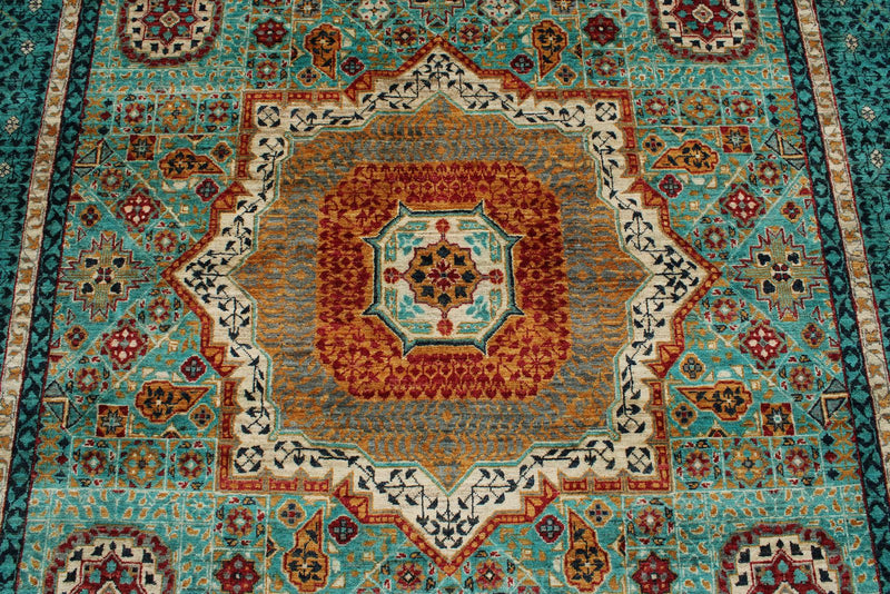 7x10 Green and Turquoise Turkish Tribal Rug