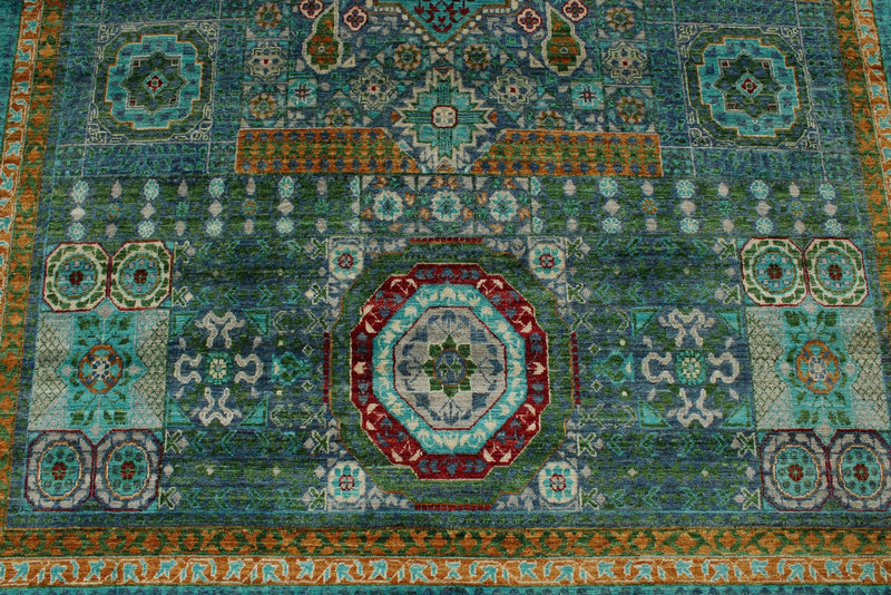 7x10 Turquoise and Green Turkish Tribal Rug