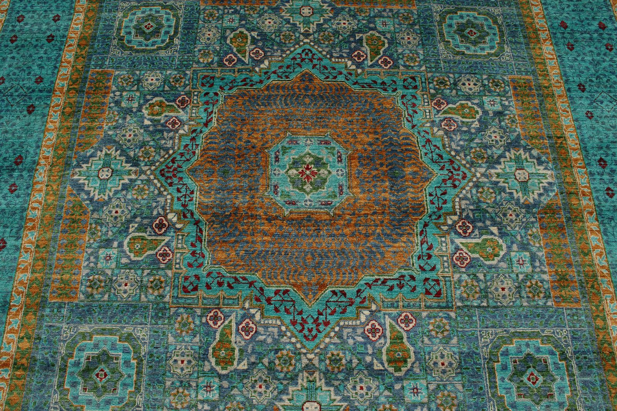 7x10 Turquoise and Green Turkish Tribal Rug