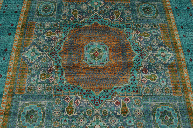 7x10 Turquoise and Green Turkish Tribal Rug