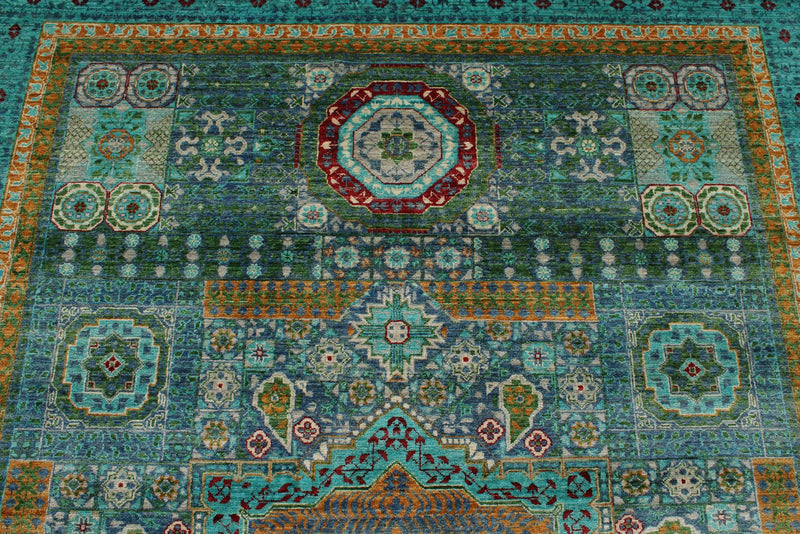 7x10 Turquoise and Green Turkish Tribal Rug