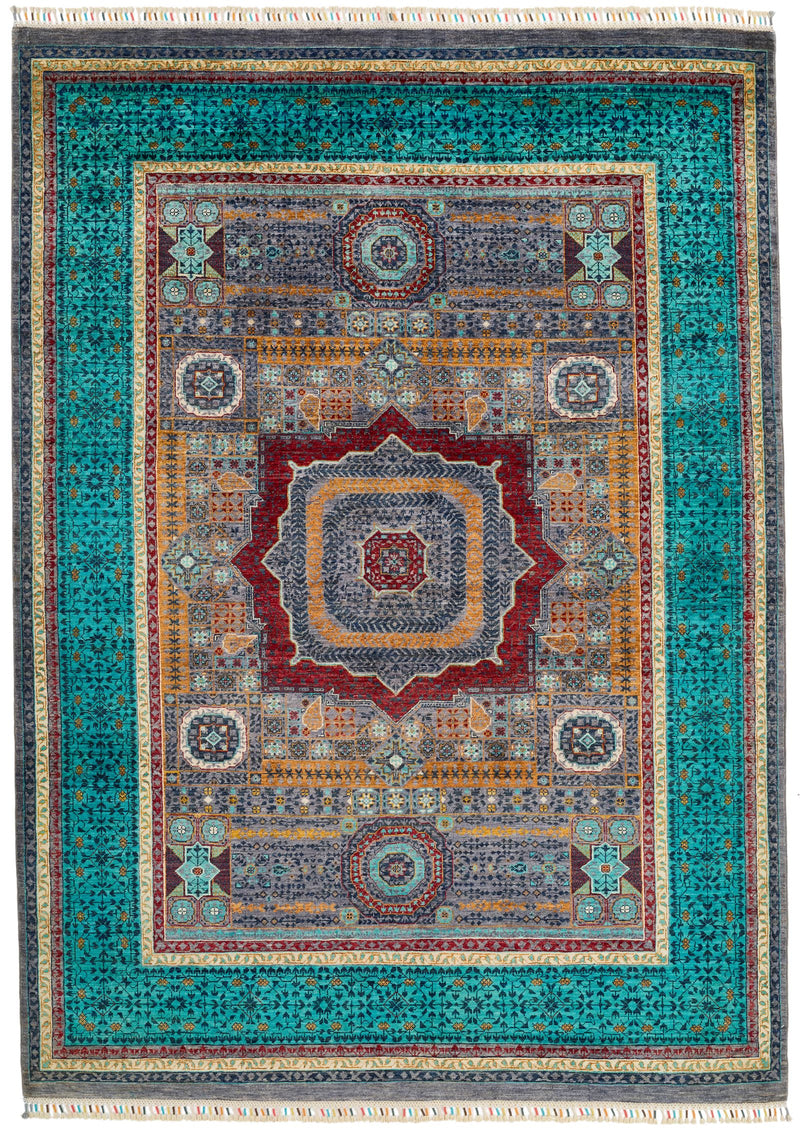 6x8 Gray and Light Blue Turkish Tribal Rug