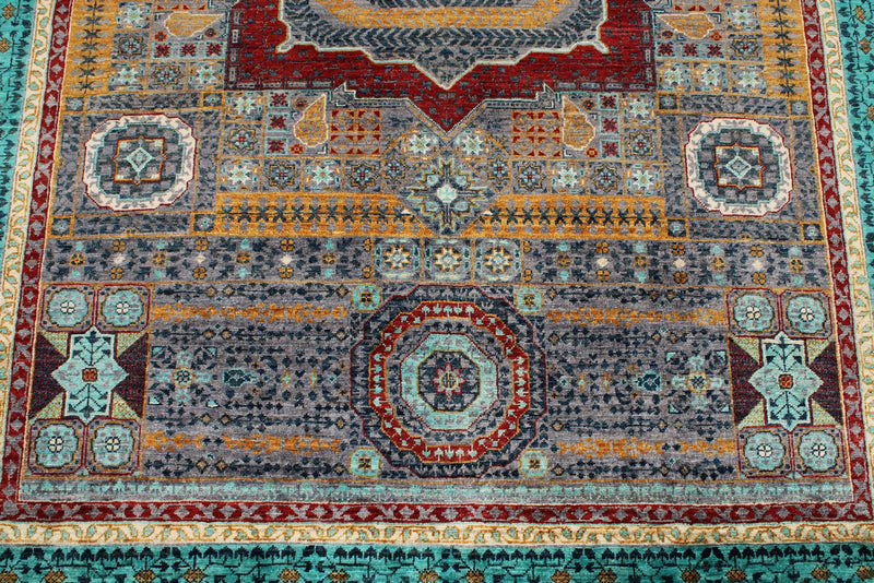 6x8 Gray and Light Blue Turkish Tribal Rug