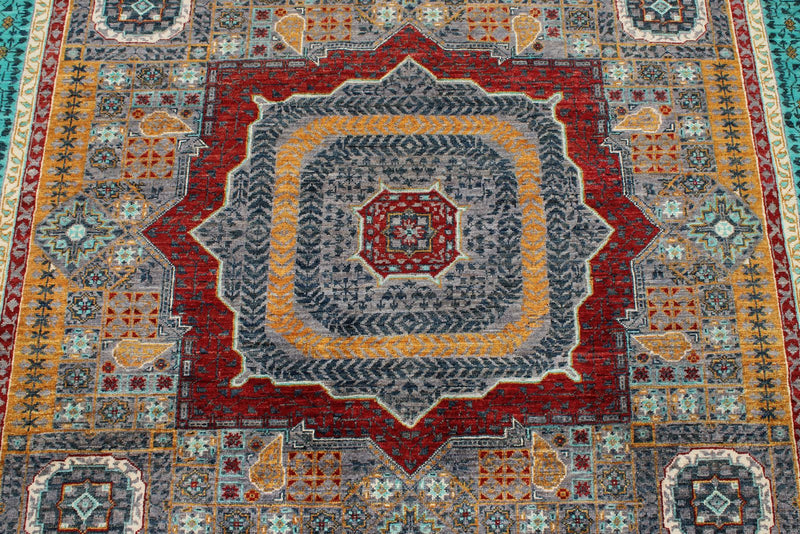 6x8 Gray and Light Blue Turkish Tribal Rug