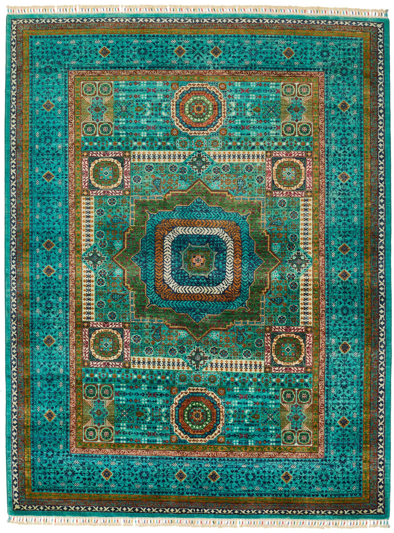 6x8 Green and Turquoıse Turkish Tribal Rug