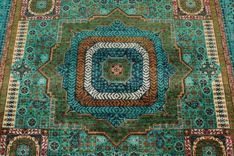 6x8 Green and Turquoıse Turkish Tribal Rug