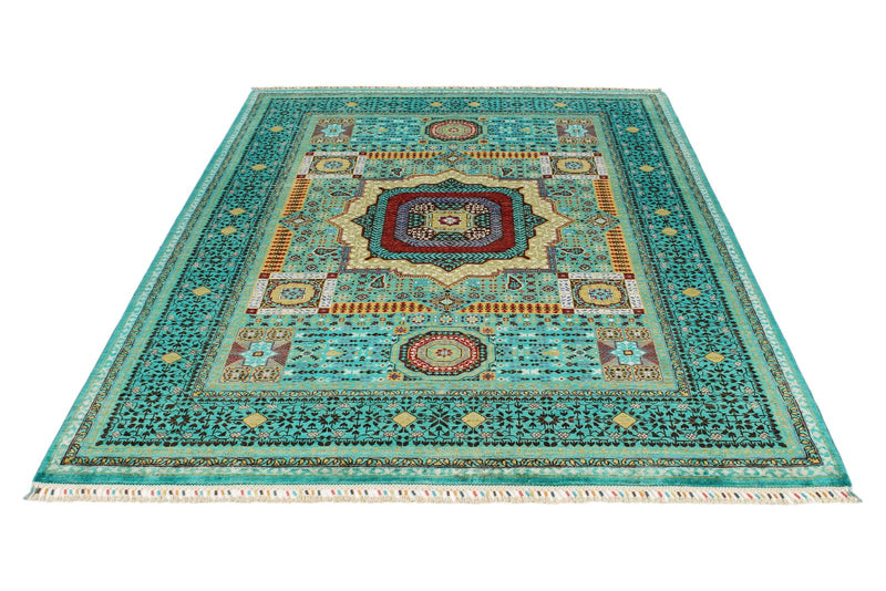 6x8 Light Green and Light Blue Turkish Tribal Rug