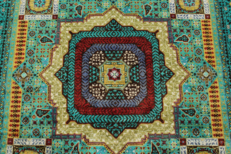 6x8 Light Green and Light Blue Turkish Tribal Rug