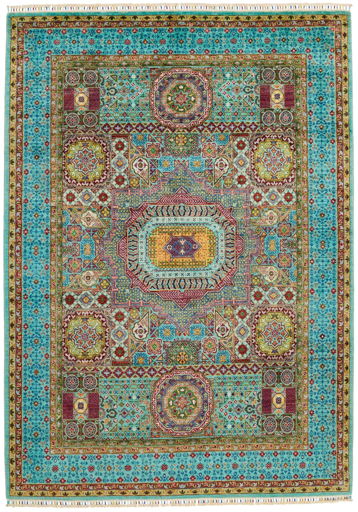 6x8 Light Green and Light Blue Turkish Tribal Rug