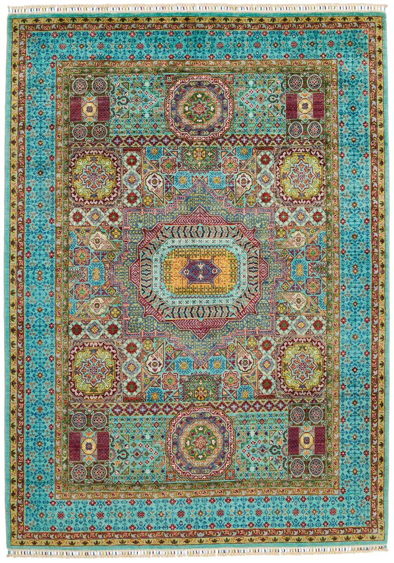 6x8 Light Green and Light Blue Turkish Tribal Rug