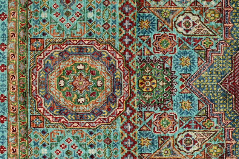 6x8 Light Green and Light Blue Turkish Tribal Rug