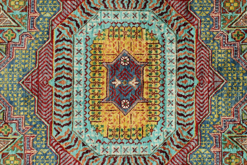 6x8 Light Green and Light Blue Turkish Tribal Rug