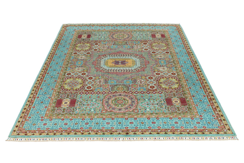 6x8 Light Green and Light Blue Turkish Tribal Rug