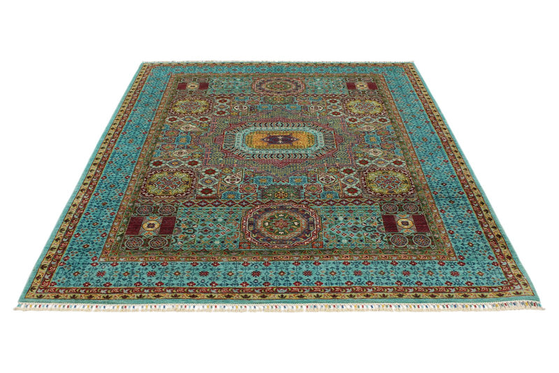 6x8 Light Green and Light Blue Turkish Tribal Rug