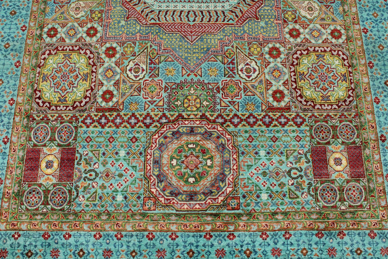 6x8 Light Green and Light Blue Turkish Tribal Rug