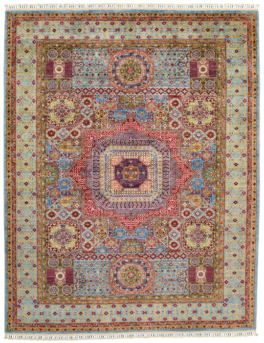 6x8 Multicolor and Light Blue Turkish Tribal Rug
