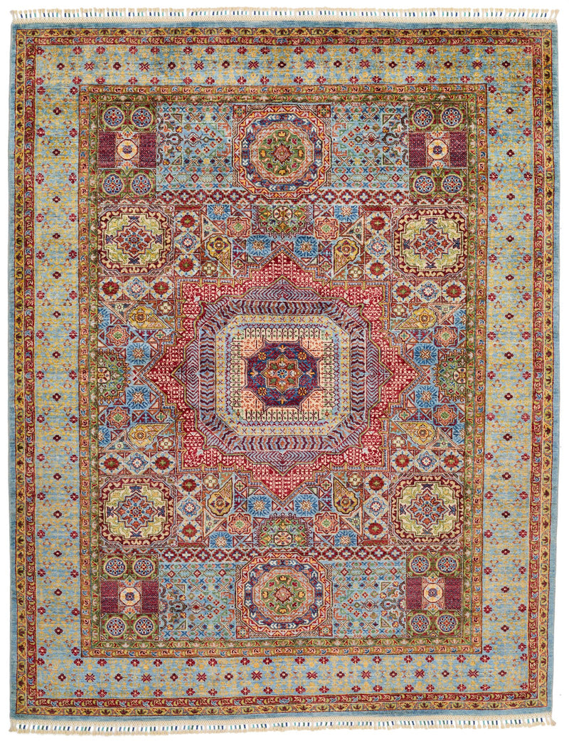 6x8 Multicolor and Light Blue Turkish Tribal Rug