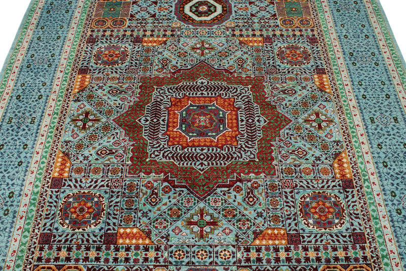 6x8 Gray and Light Blue Turkish Tribal Rug