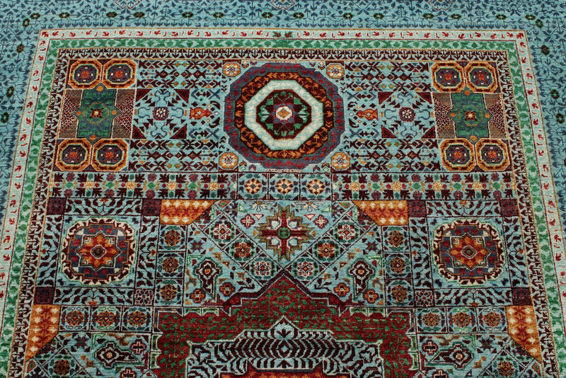 6x8 Gray and Light Blue Turkish Tribal Rug