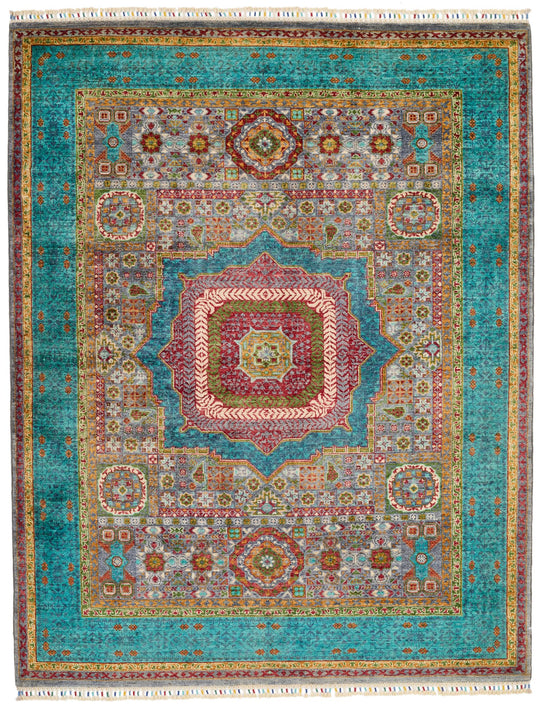 5x7 Light Gray and Turquoıse Turkish Tribal Rug