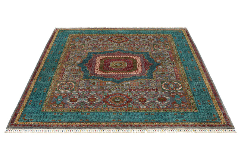 5x7 Light Gray and Turquoıse Turkish Tribal Rug