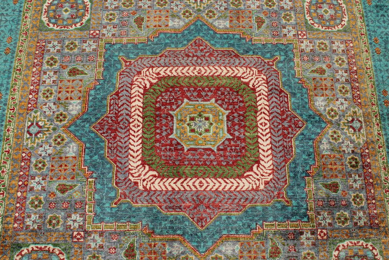 5x7 Light Gray and Turquoıse Turkish Tribal Rug