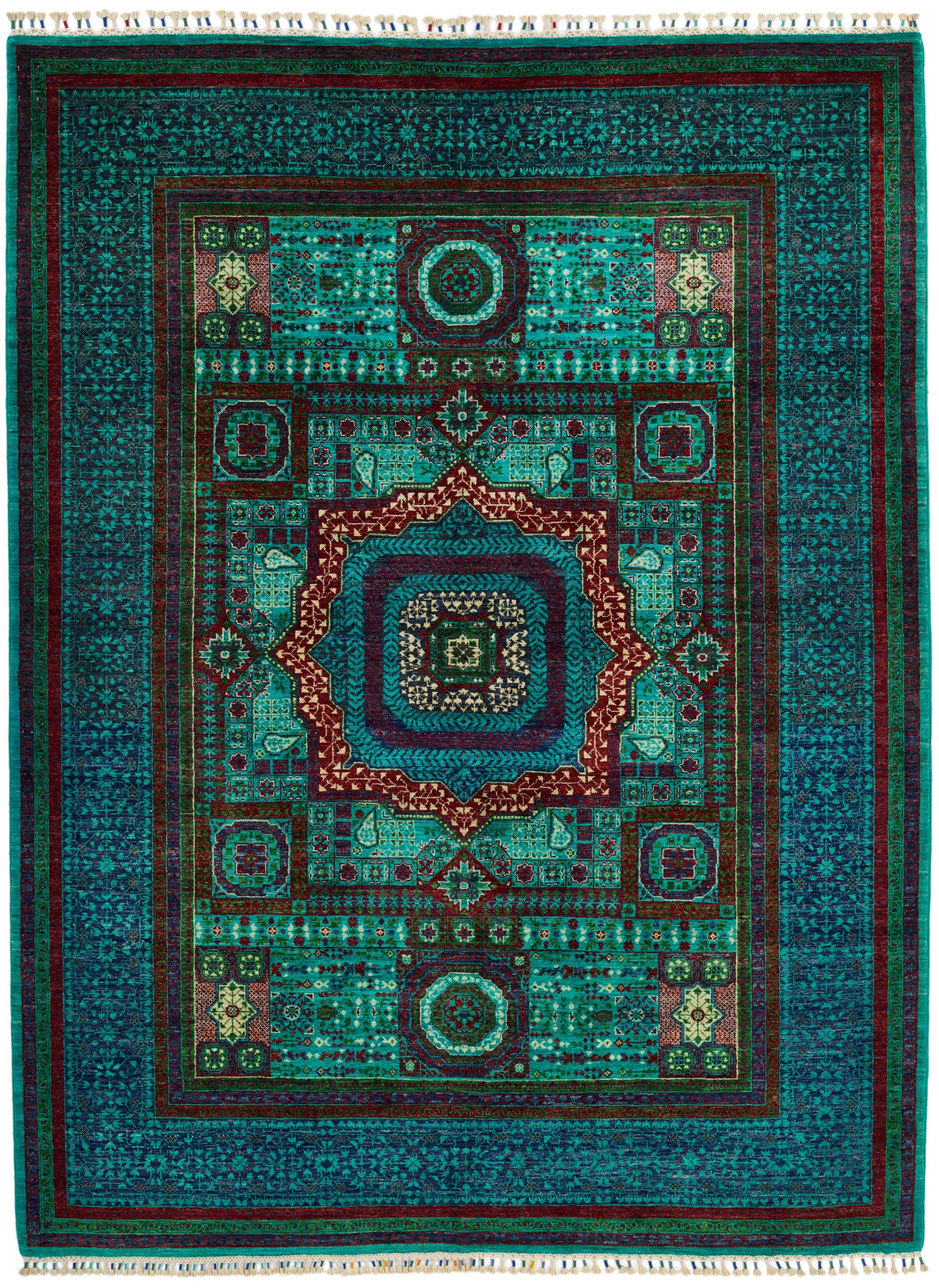 6x8 Green and Navy Turkish Tribal Rug