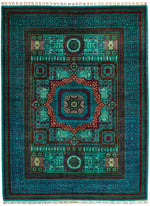 6x8 Green and Navy Turkish Tribal Rug