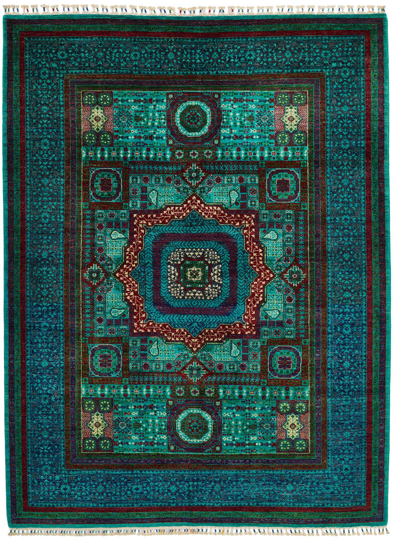 6x8 Green and Navy Turkish Tribal Rug