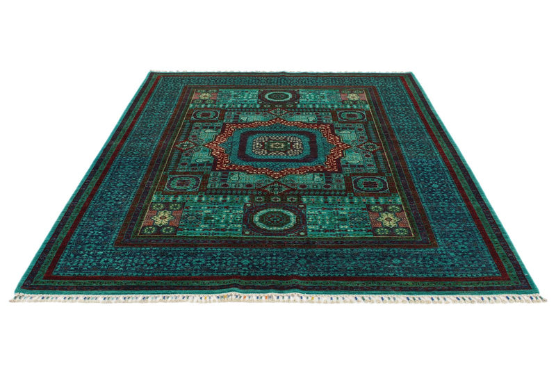 6x8 Green and Navy Turkish Tribal Rug