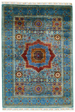 4x6 Blue and Multicolor Turkish Tribal Rug