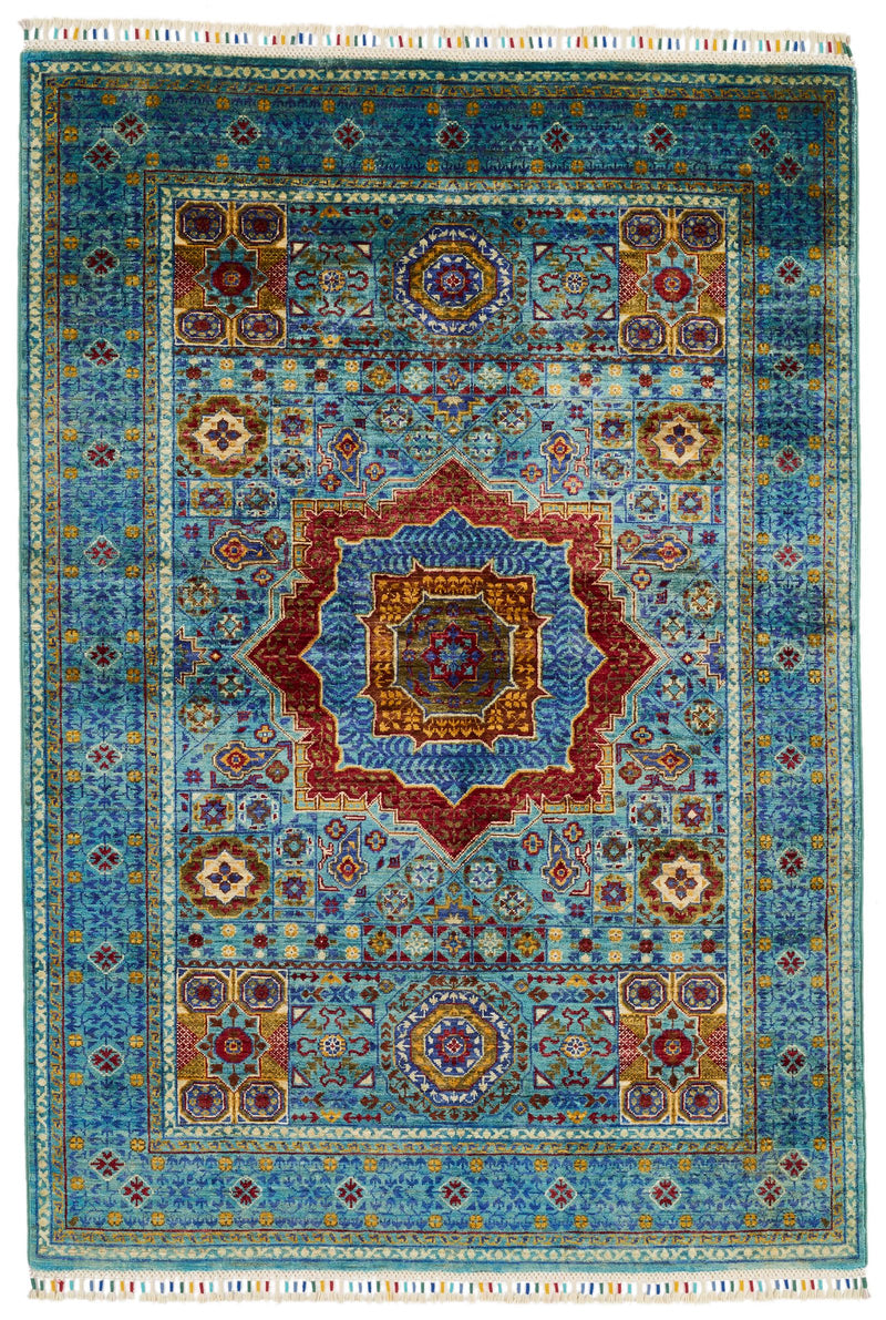 4x6 Blue and Multicolor Turkish Tribal Rug