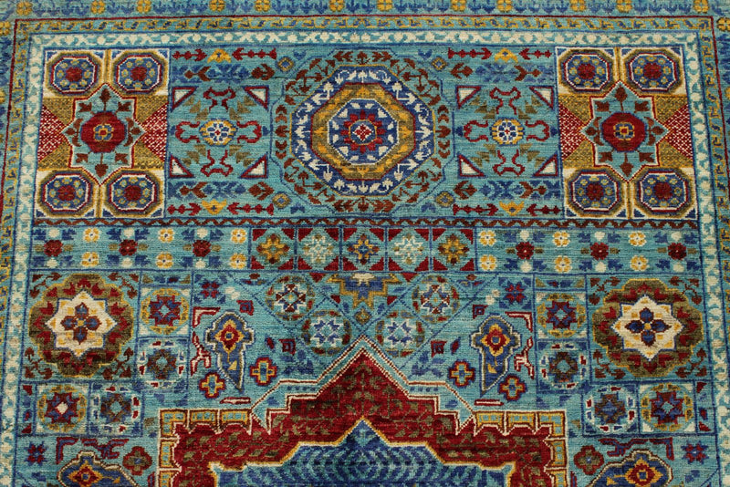 4x6 Blue and Multicolor Turkish Tribal Rug