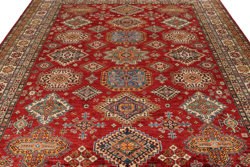 8x10 Red and Ivory Kazak Tribal Rug