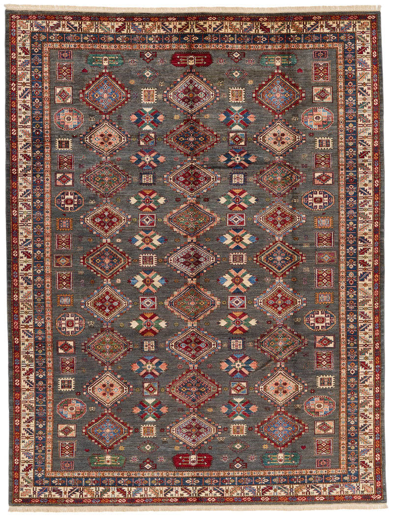 9x12 Brown and Ivory Kazak Tribal Rug